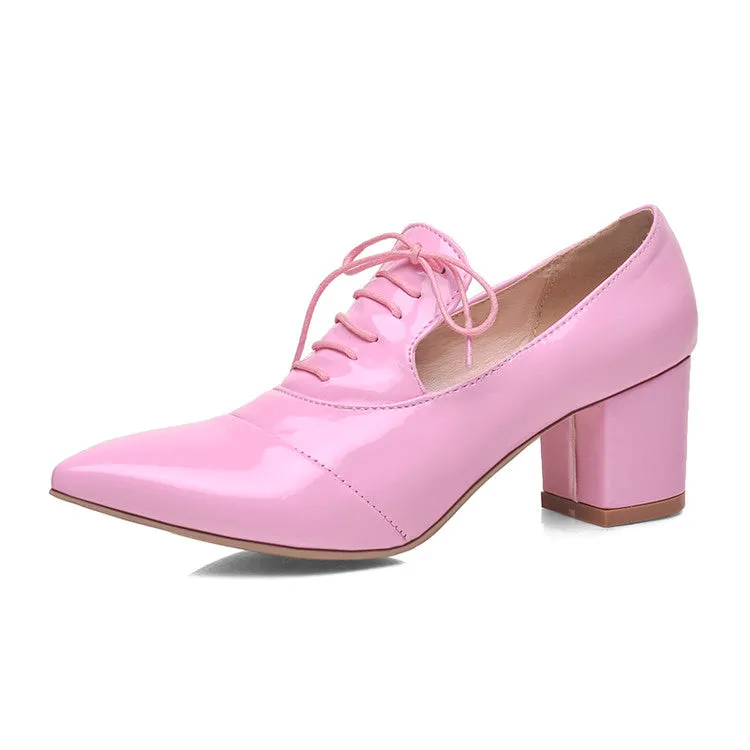 Women's Pointed Toe Lace Up Chunky Heel Pumps