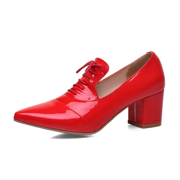 Women's Pointed Toe Lace Up Chunky Heel Pumps