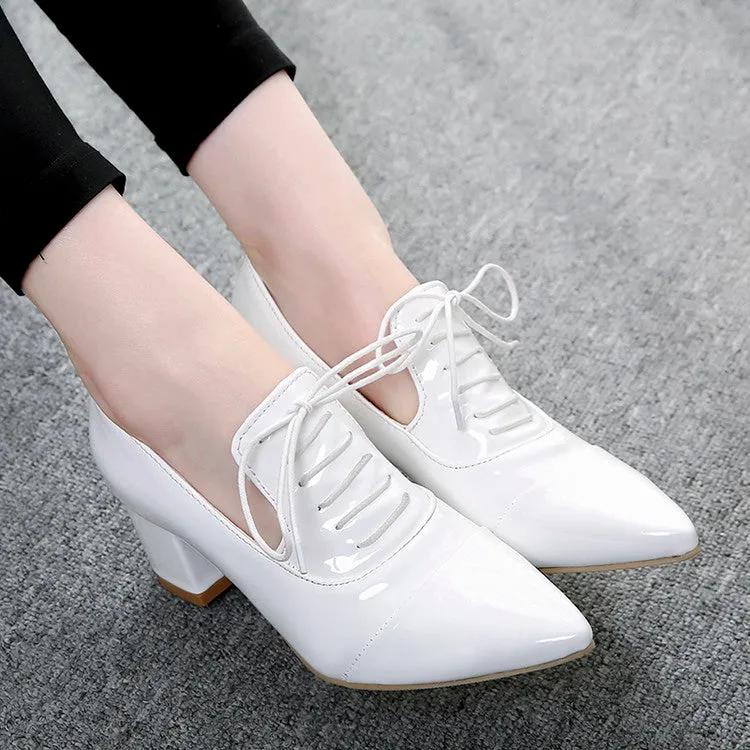 Women's Pointed Toe Lace Up Chunky Heel Pumps