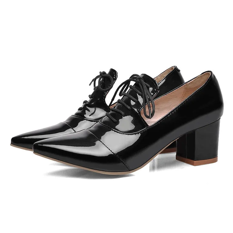 Women's Pointed Toe Lace Up Chunky Heel Pumps