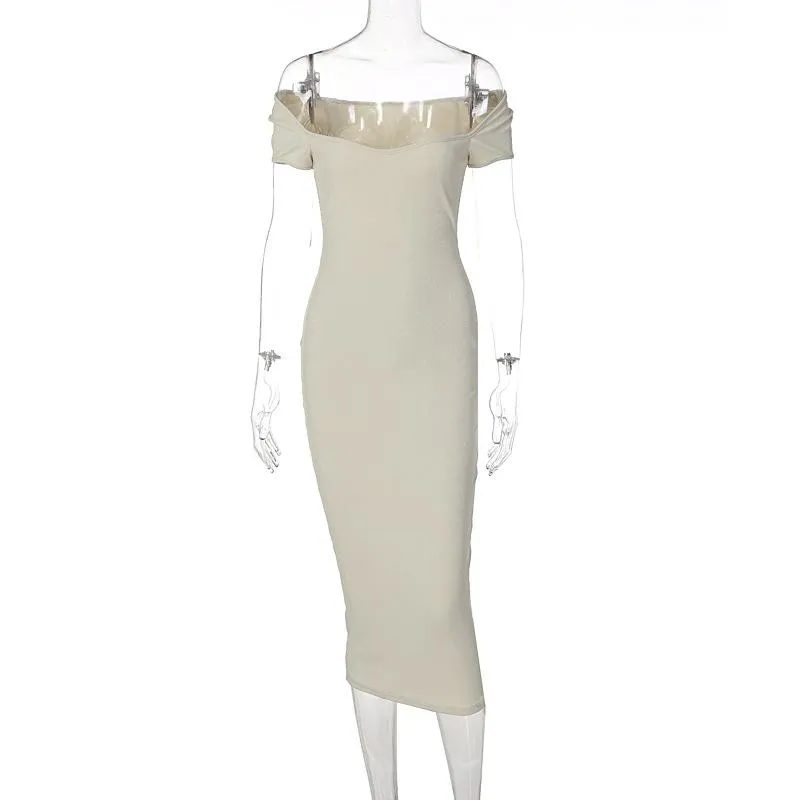 Women's Spring Fashion One Word Neck Ribbed Long Dress