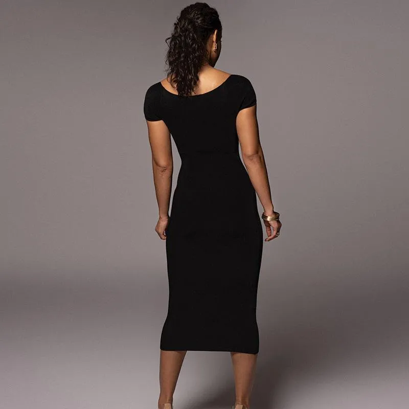 Women's Spring Fashion One Word Neck Ribbed Long Dress