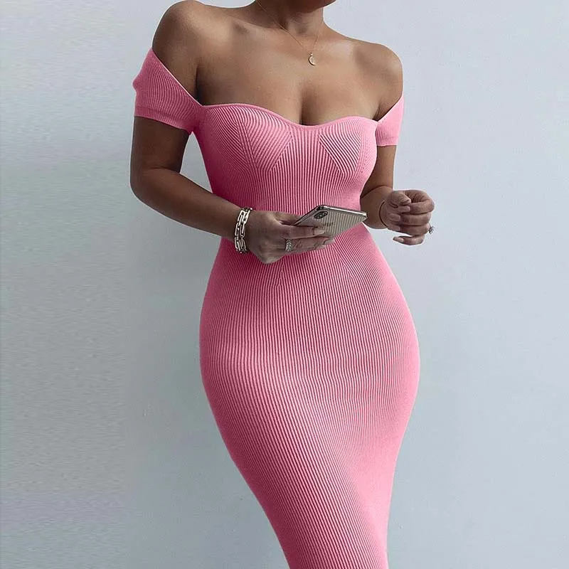 Women's Spring Fashion One Word Neck Ribbed Long Dress