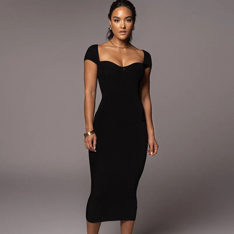 Women's Spring Fashion One Word Neck Ribbed Long Dress