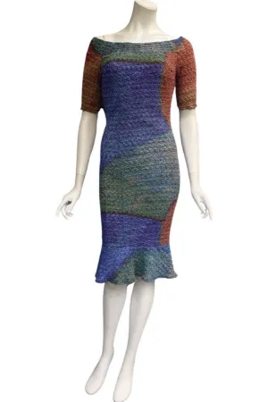 YULIA Off Shoulder Short Sleeve Fitted Puckered Print Dress