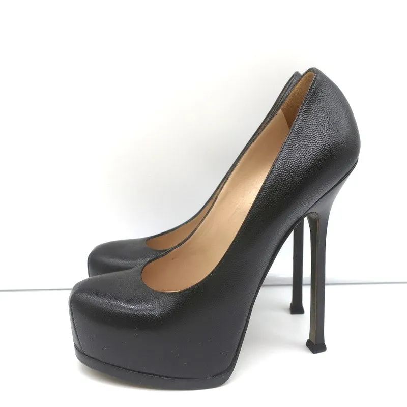 Yves Saint Laurent Tribtoo Platform Pumps Black Grained Leather Size 38.5