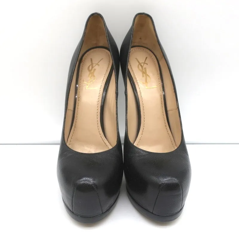 Yves Saint Laurent Tribtoo Platform Pumps Black Grained Leather Size 38.5
