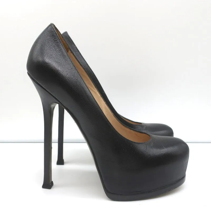 Yves Saint Laurent Tribtoo Platform Pumps Black Grained Leather Size 38.5