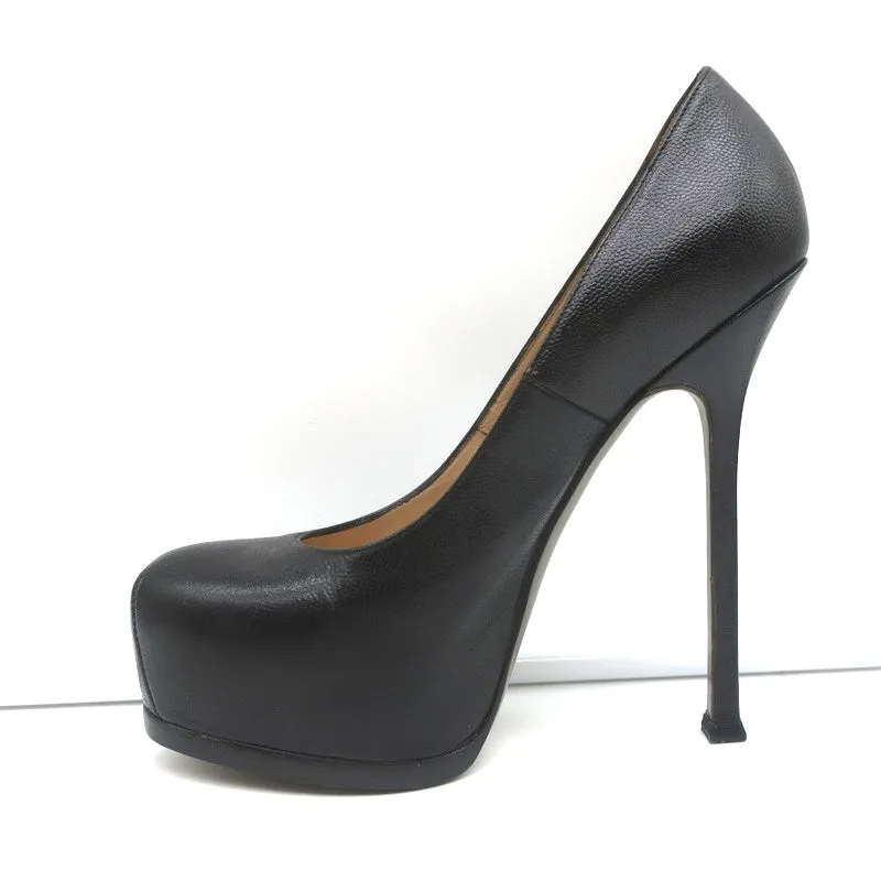 Yves Saint Laurent Tribtoo Platform Pumps Black Grained Leather Size 38.5