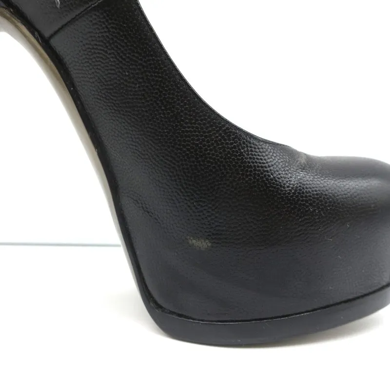 Yves Saint Laurent Tribtoo Platform Pumps Black Grained Leather Size 38.5