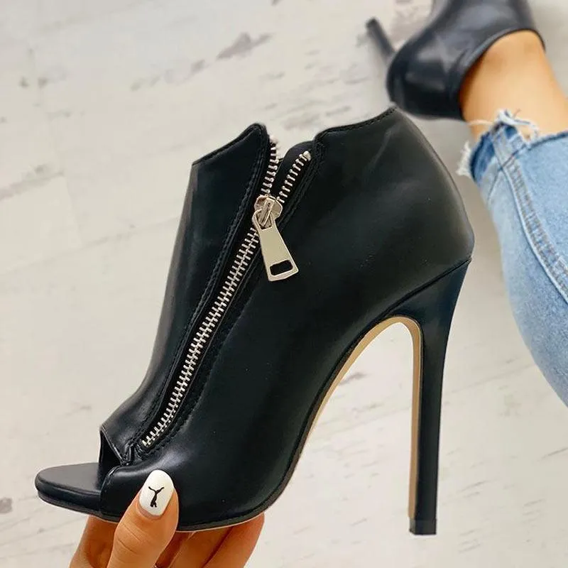 Zip Design Peep Toe Thin Heeled Boots