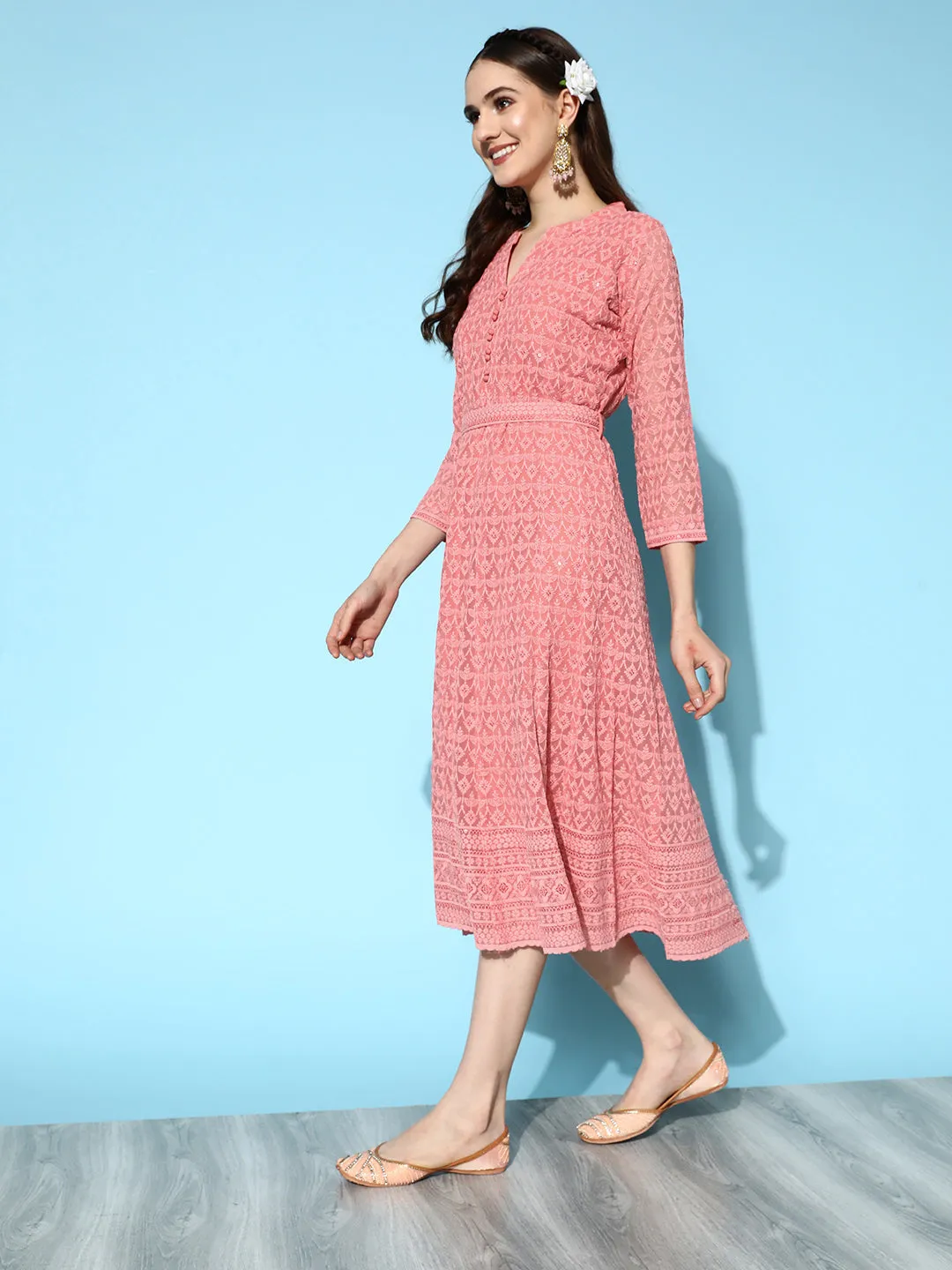 ZOLA Mandarin Collar Georgette All Over Chikankari Embroidery Dark Peach Flared Dress For Women