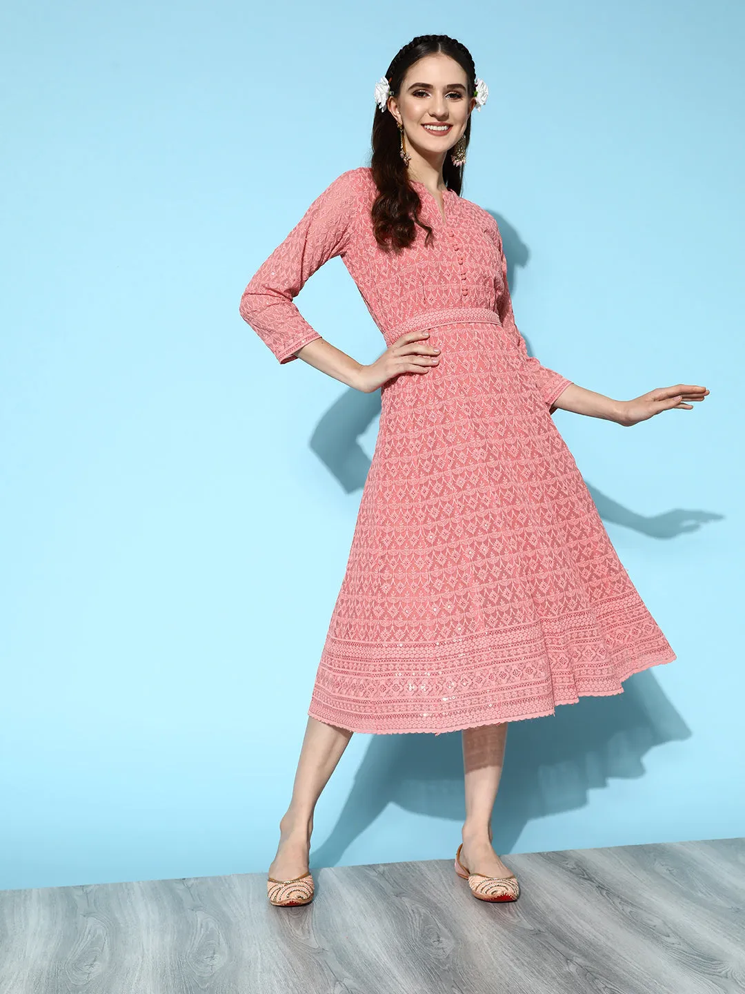 ZOLA Mandarin Collar Georgette All Over Chikankari Embroidery Dark Peach Flared Dress For Women
