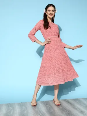 ZOLA Mandarin Collar Georgette All Over Chikankari Embroidery Dark Peach Flared Dress For Women