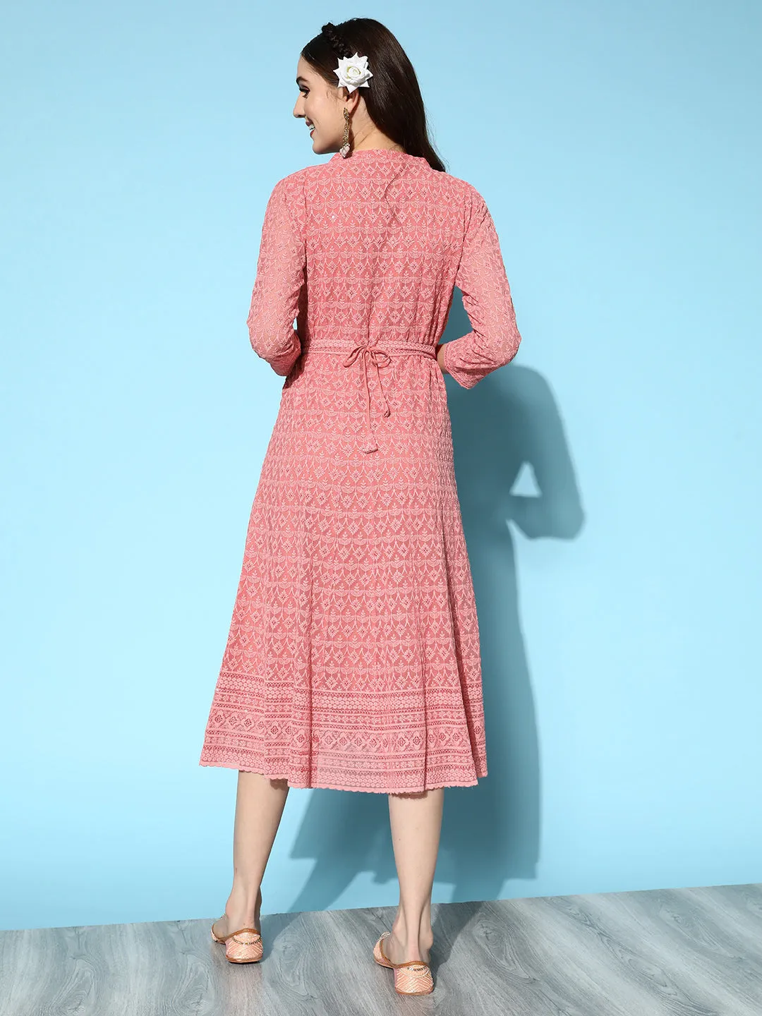 ZOLA Mandarin Collar Georgette All Over Chikankari Embroidery Dark Peach Flared Dress For Women
