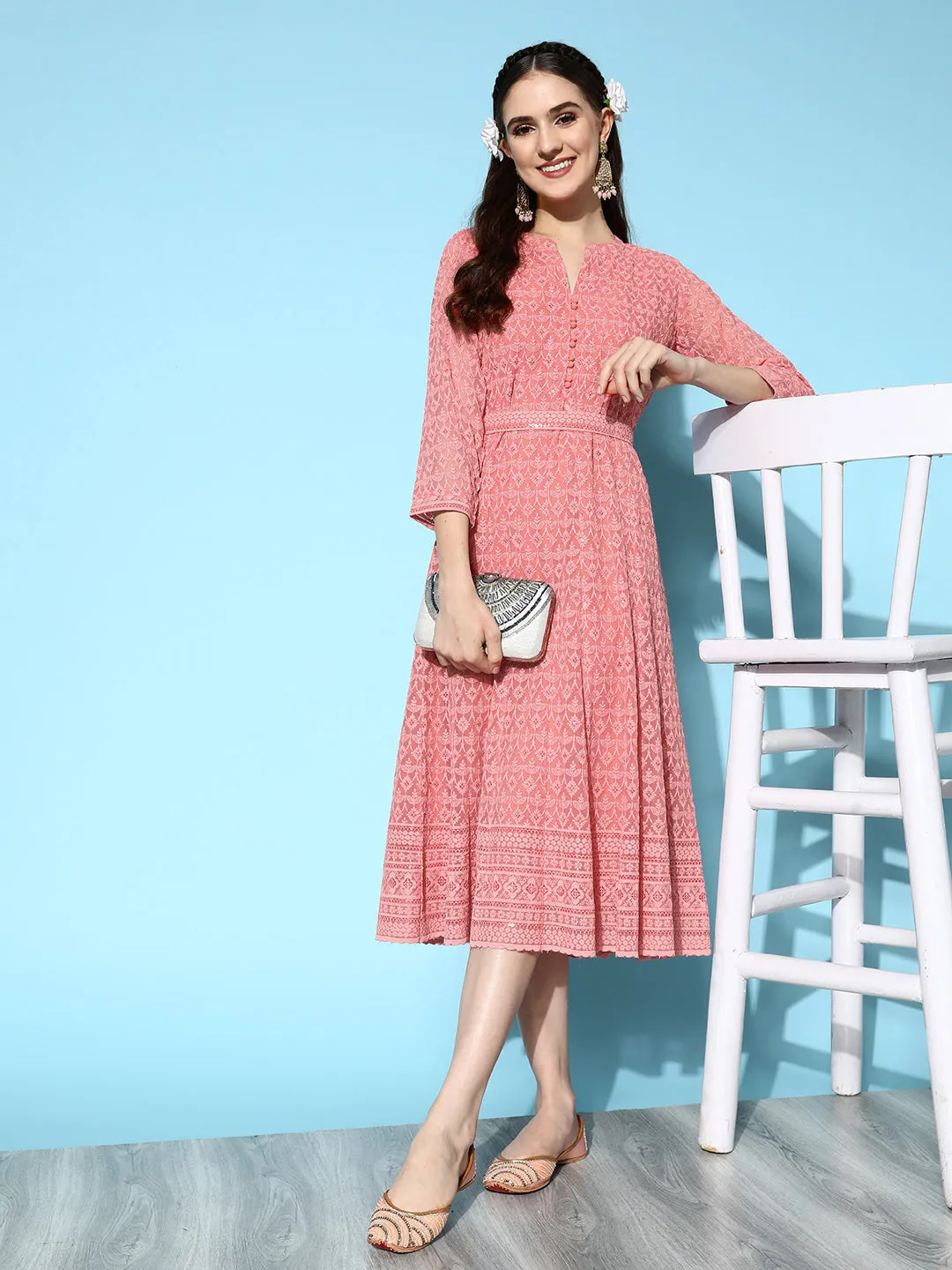 ZOLA Mandarin Collar Georgette All Over Chikankari Embroidery Dark Peach Flared Dress For Women