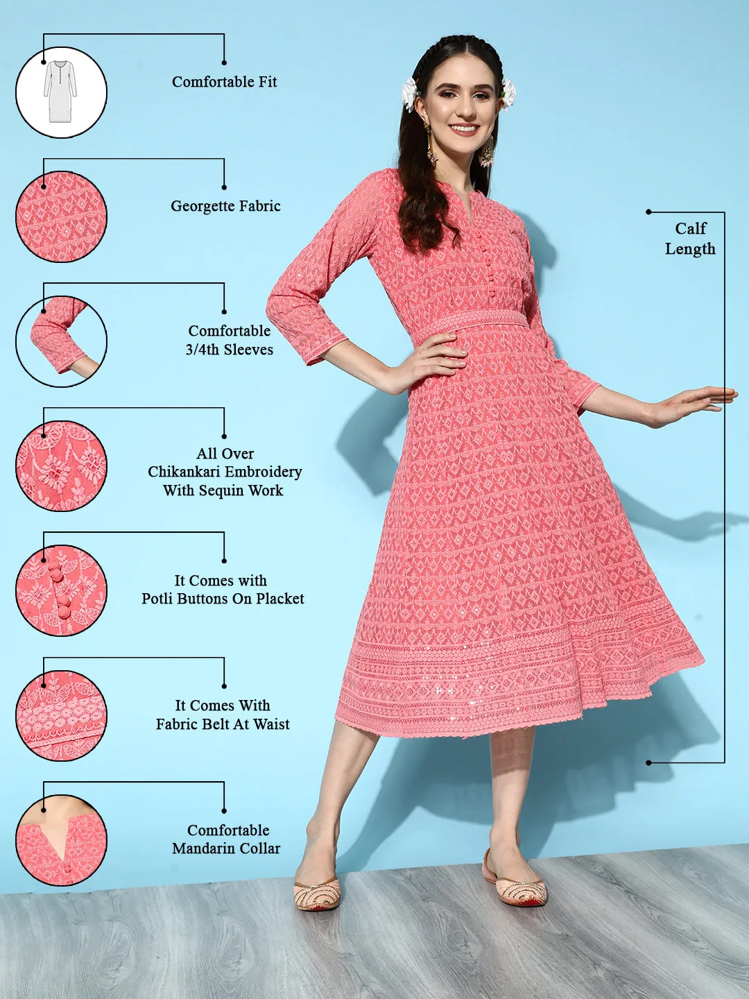 ZOLA Mandarin Collar Georgette All Over Chikankari Embroidery Dark Peach Flared Dress For Women