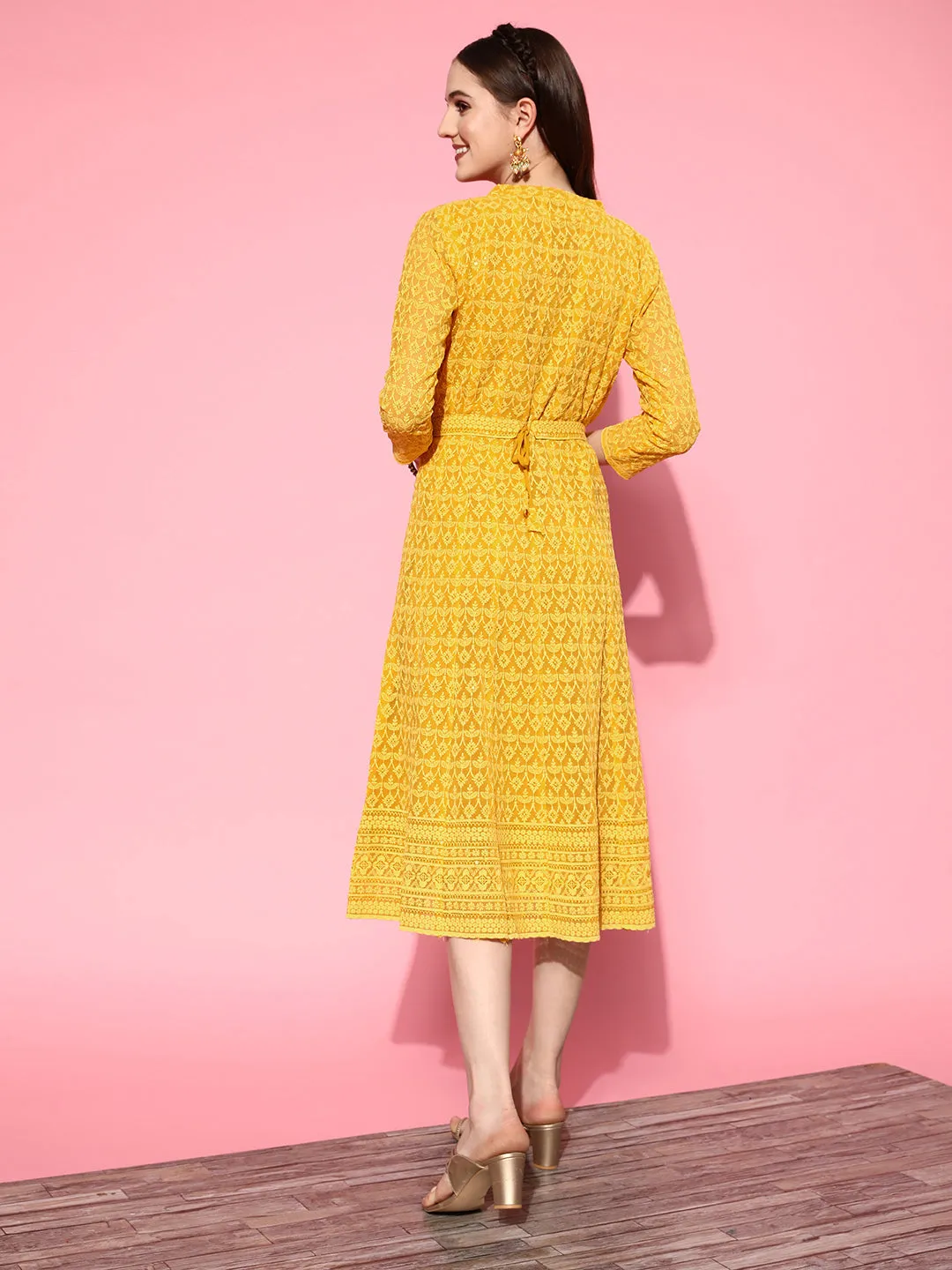 ZOLA  Mandarin Collar Georgette All Over Chikankari Embroidery Mustard Flared Dress For Women