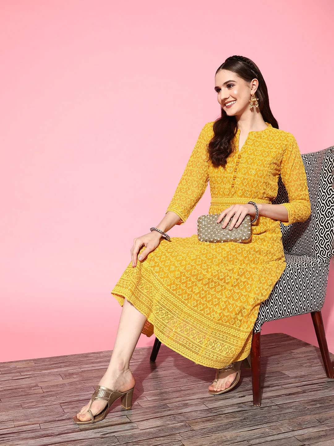 ZOLA  Mandarin Collar Georgette All Over Chikankari Embroidery Mustard Flared Dress For Women