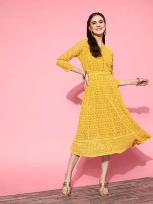 ZOLA  Mandarin Collar Georgette All Over Chikankari Embroidery Mustard Flared Dress For Women