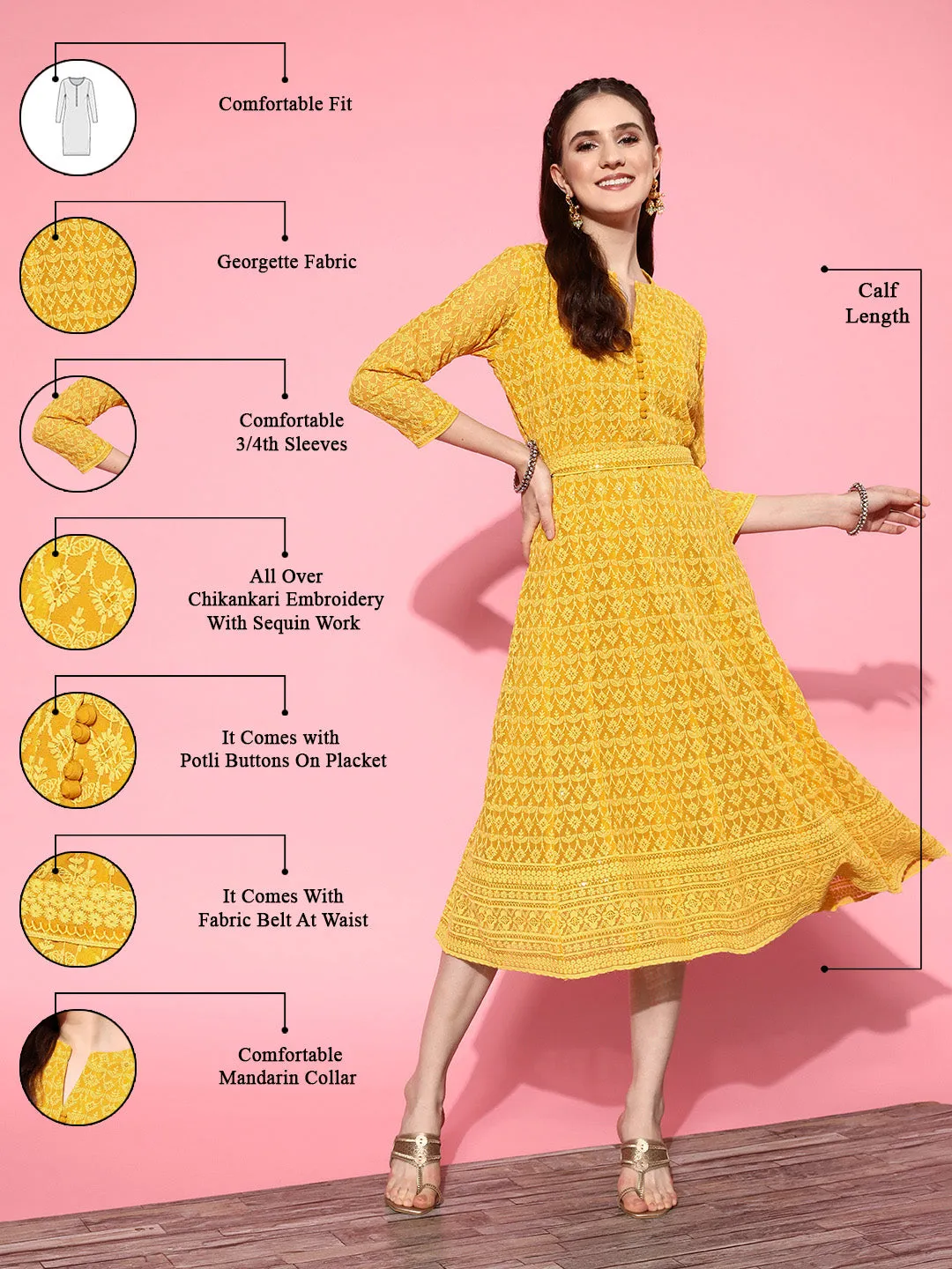 ZOLA  Mandarin Collar Georgette All Over Chikankari Embroidery Mustard Flared Dress For Women