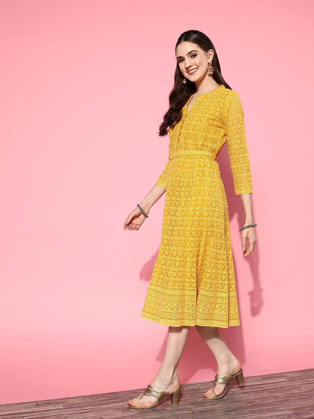 ZOLA  Mandarin Collar Georgette All Over Chikankari Embroidery Mustard Flared Dress For Women