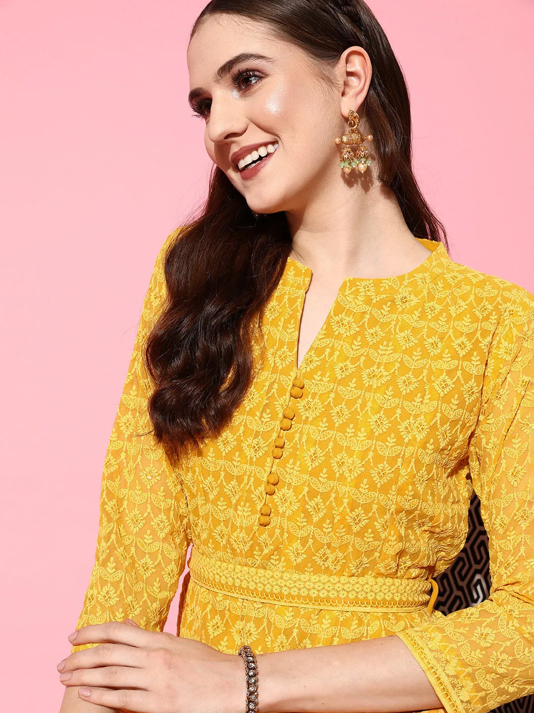ZOLA  Mandarin Collar Georgette All Over Chikankari Embroidery Mustard Flared Dress For Women