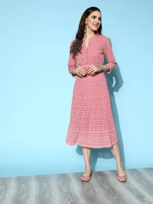 ZOLA Mandarin Collar Georgette All Over Chikankari Embroidery Onion Flared Dress For Women