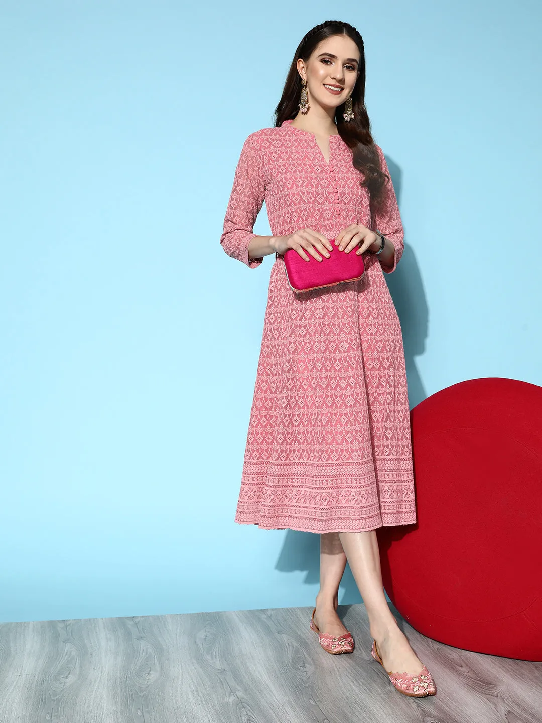 ZOLA Mandarin Collar Georgette All Over Chikankari Embroidery Onion Flared Dress For Women