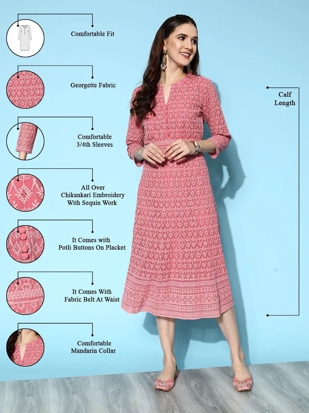 ZOLA Mandarin Collar Georgette All Over Chikankari Embroidery Onion Flared Dress For Women