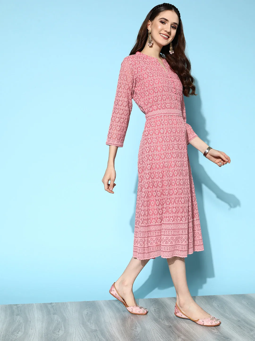 ZOLA Mandarin Collar Georgette All Over Chikankari Embroidery Onion Flared Dress For Women