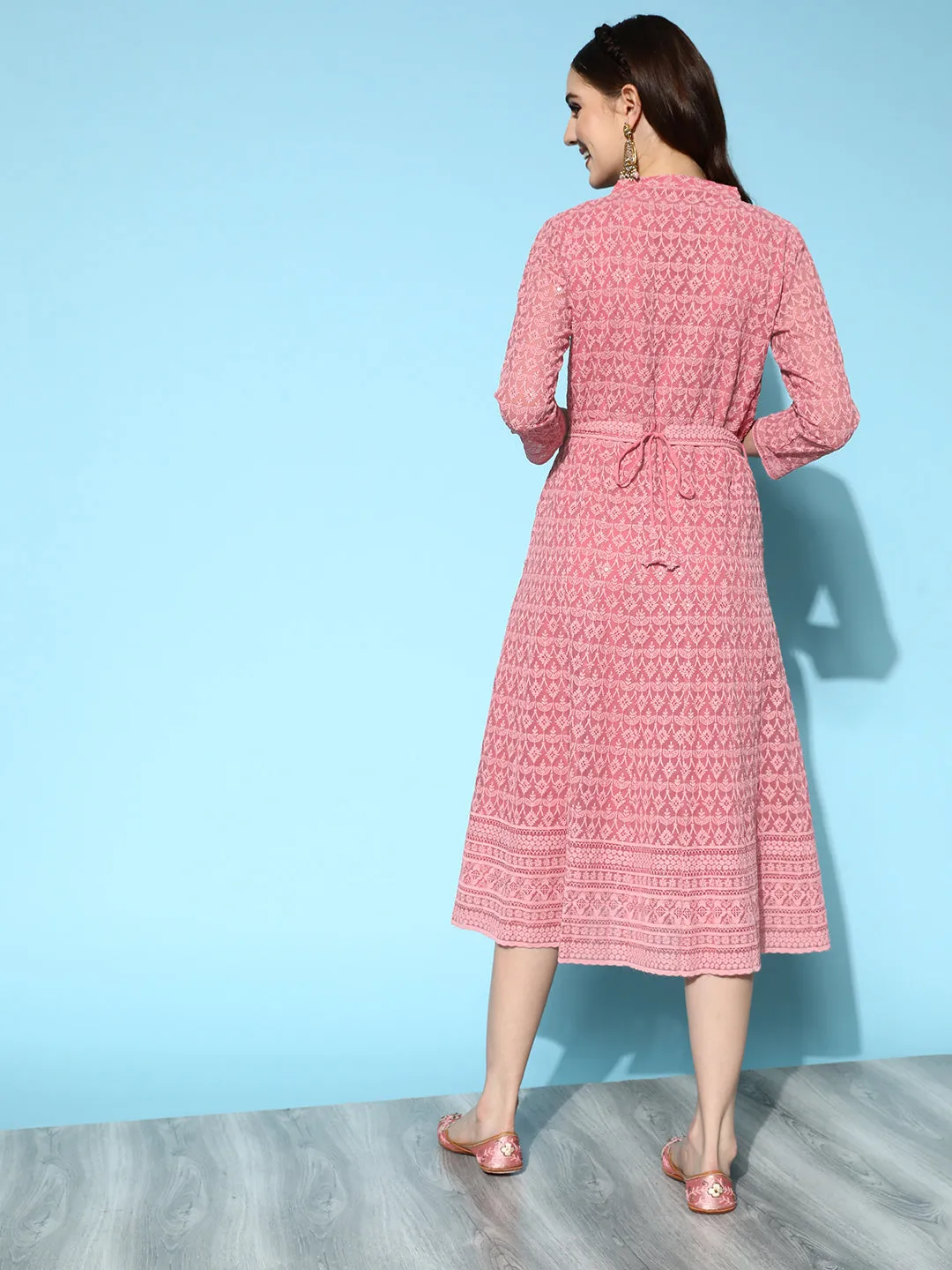 ZOLA Mandarin Collar Georgette All Over Chikankari Embroidery Onion Flared Dress For Women