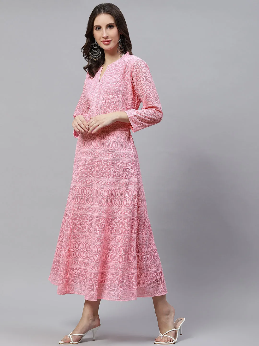 ZOLA  Mandarin Collar Georgette All Over Chikankari Embroidery Pink Flared Dress For Women