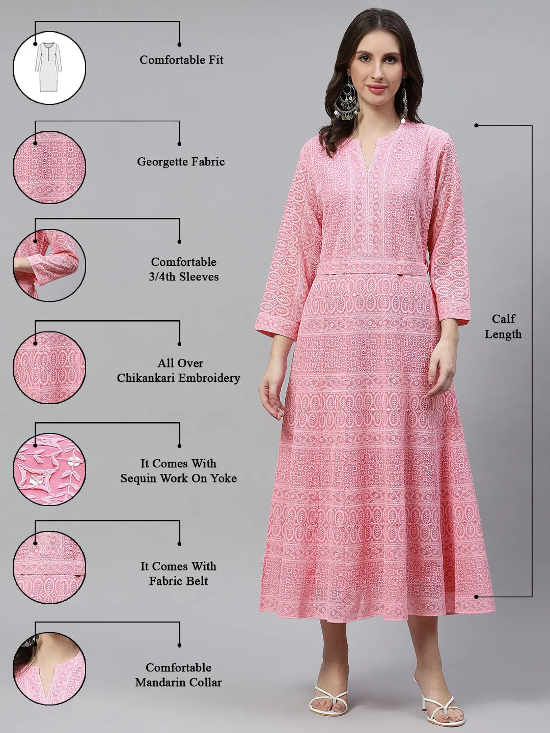 ZOLA  Mandarin Collar Georgette All Over Chikankari Embroidery Pink Flared Dress For Women