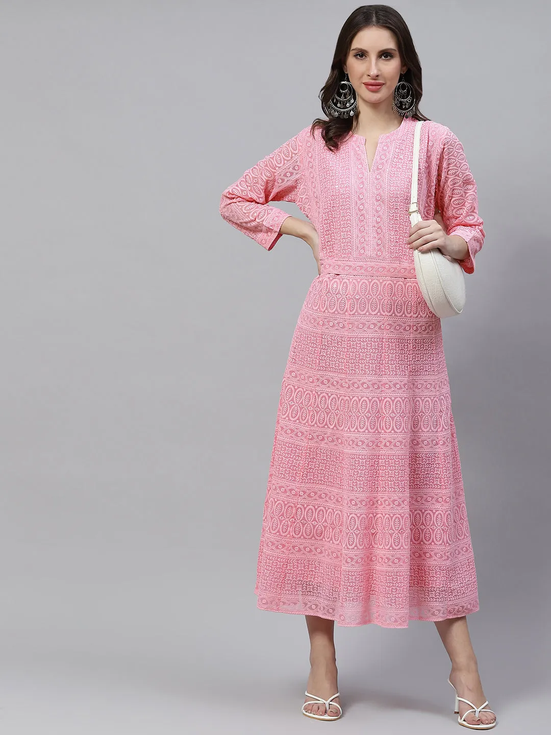 ZOLA  Mandarin Collar Georgette All Over Chikankari Embroidery Pink Flared Dress For Women