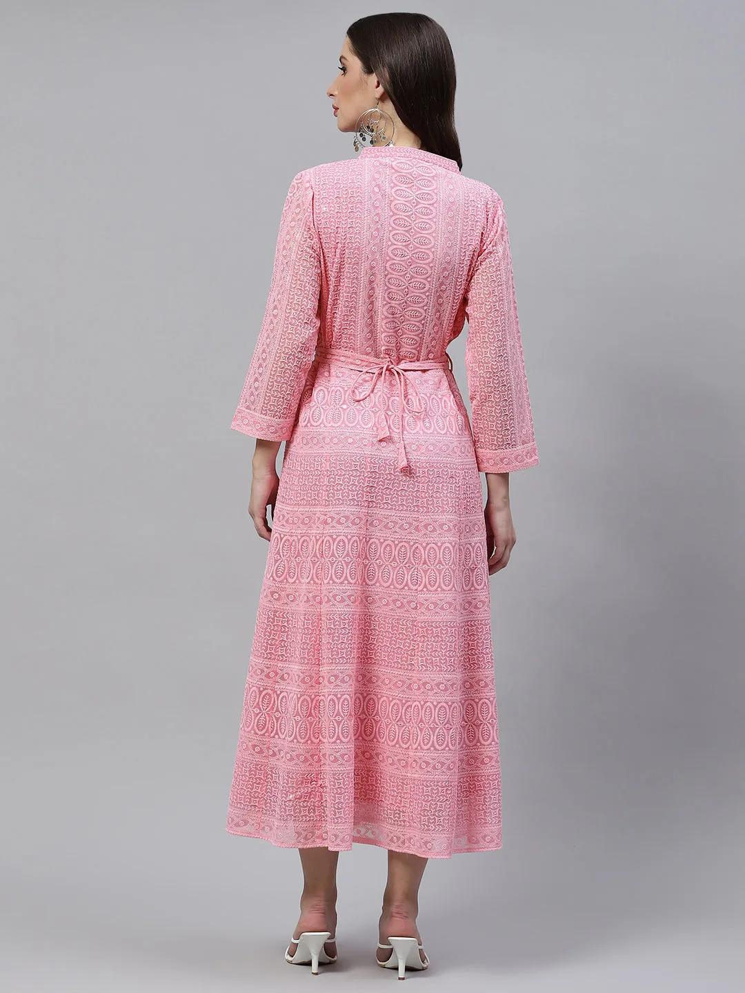ZOLA  Mandarin Collar Georgette All Over Chikankari Embroidery Pink Flared Dress For Women