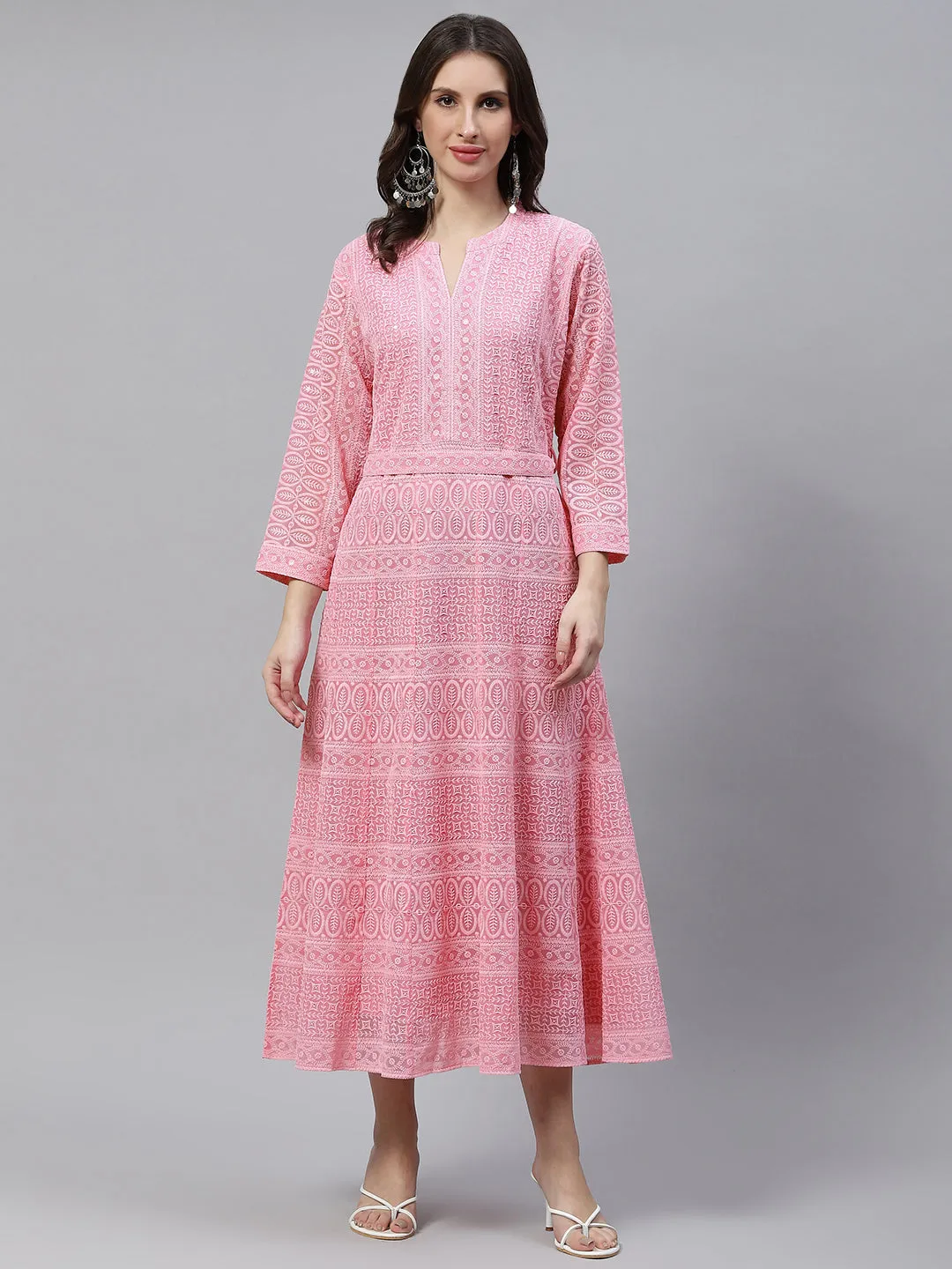 ZOLA  Mandarin Collar Georgette All Over Chikankari Embroidery Pink Flared Dress For Women
