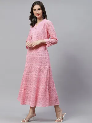 ZOLA  Mandarin Collar Georgette All Over Chikankari Embroidery Pink Flared Dress For Women