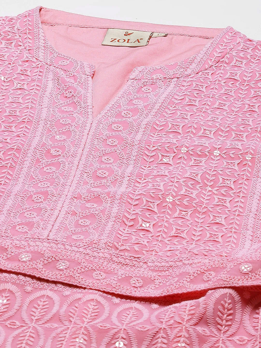 ZOLA  Mandarin Collar Georgette All Over Chikankari Embroidery Pink Flared Dress For Women