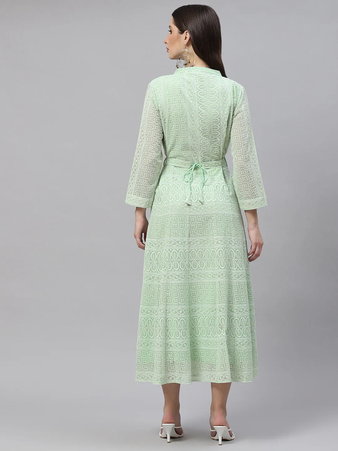 ZOLA Mandarin Collar Georgette All Over Chikankari Embroidery Pista Green Flared Dress For Women