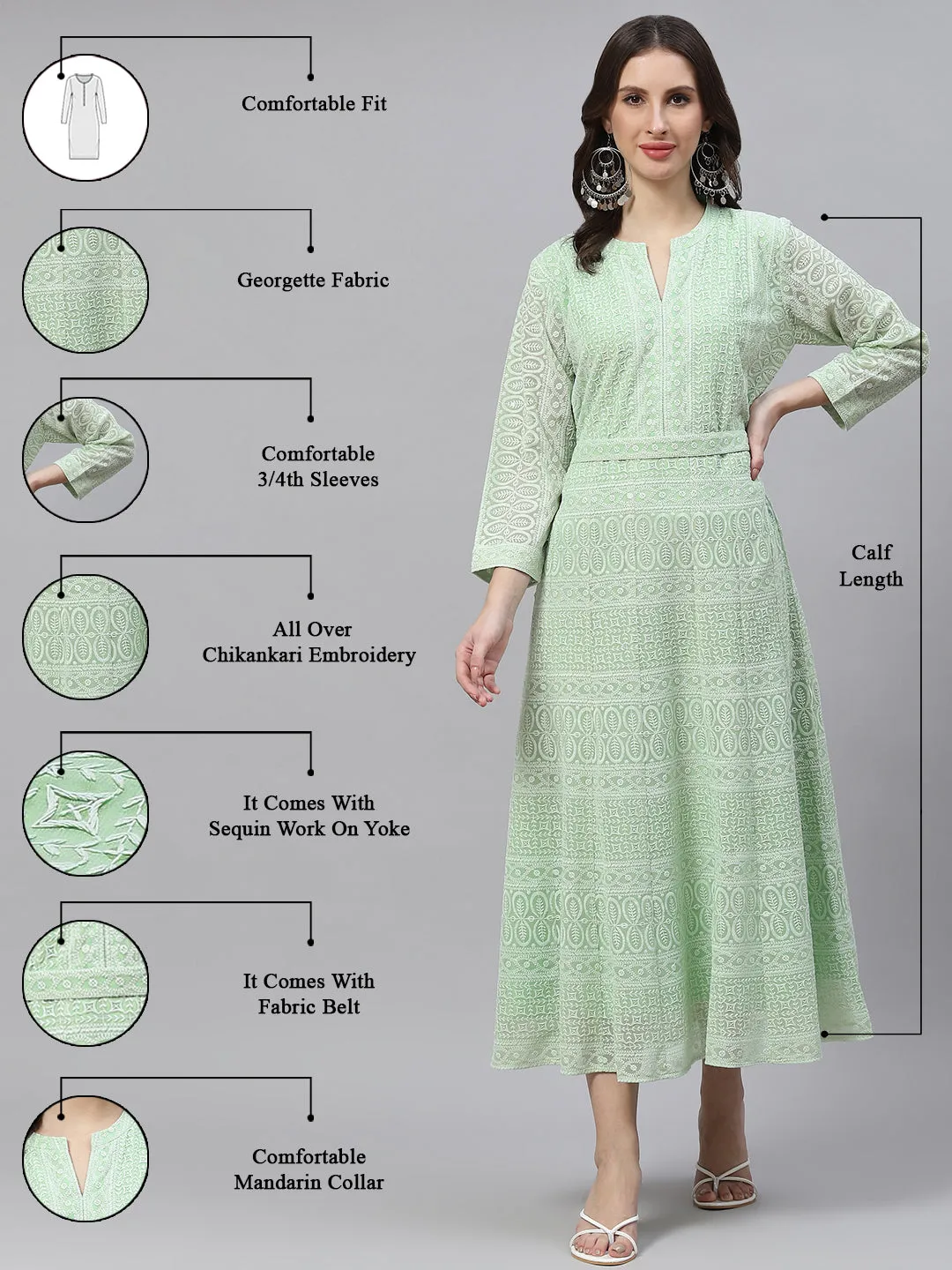 ZOLA Mandarin Collar Georgette All Over Chikankari Embroidery Pista Green Flared Dress For Women