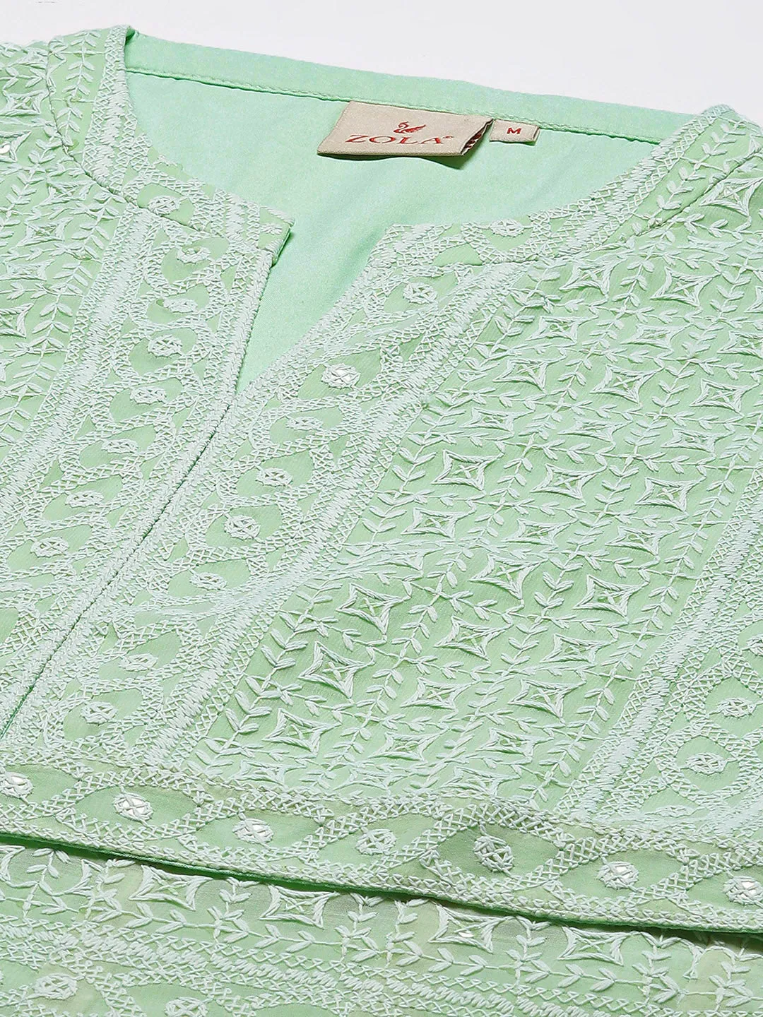 ZOLA Mandarin Collar Georgette All Over Chikankari Embroidery Pista Green Flared Dress For Women