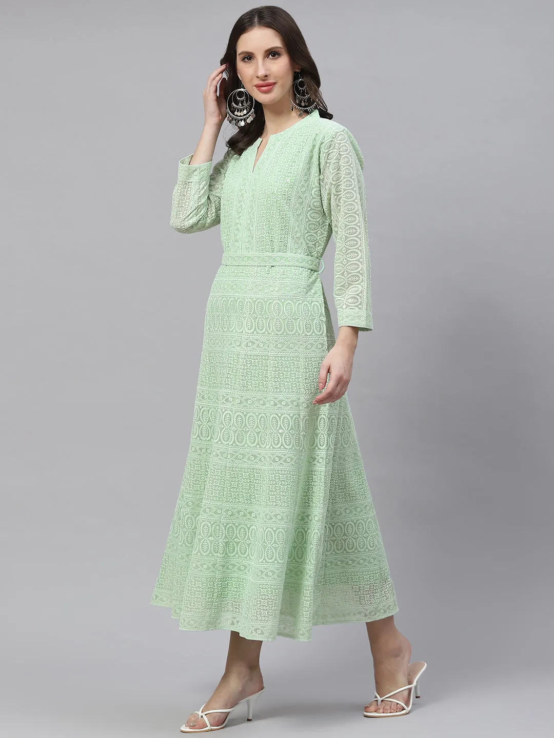 ZOLA Mandarin Collar Georgette All Over Chikankari Embroidery Pista Green Flared Dress For Women