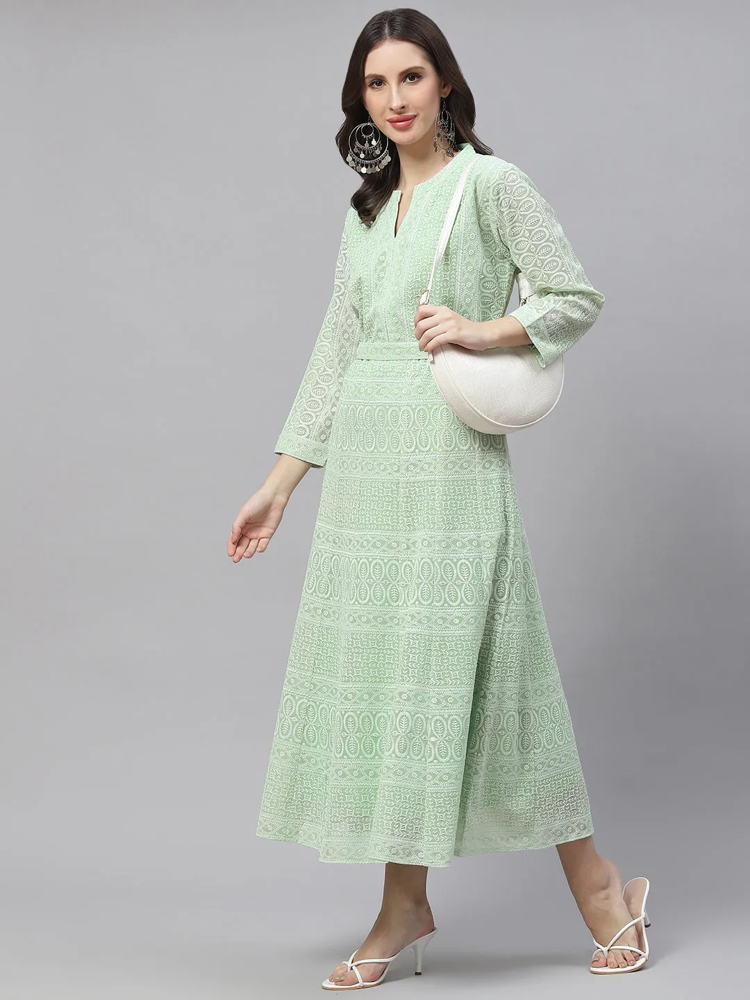ZOLA Mandarin Collar Georgette All Over Chikankari Embroidery Pista Green Flared Dress For Women
