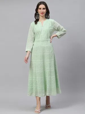 ZOLA Mandarin Collar Georgette All Over Chikankari Embroidery Pista Green Flared Dress For Women