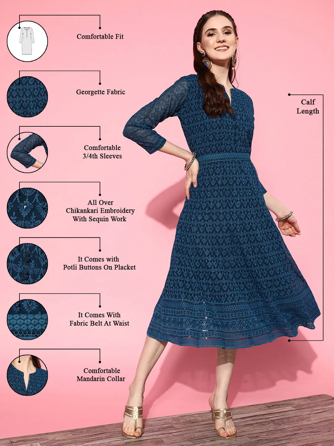 ZOLA  Mandarin Collar Georgette All Over Chikankari Embroidery Teal Flared Dress For Women