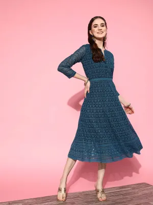 ZOLA  Mandarin Collar Georgette All Over Chikankari Embroidery Teal Flared Dress For Women