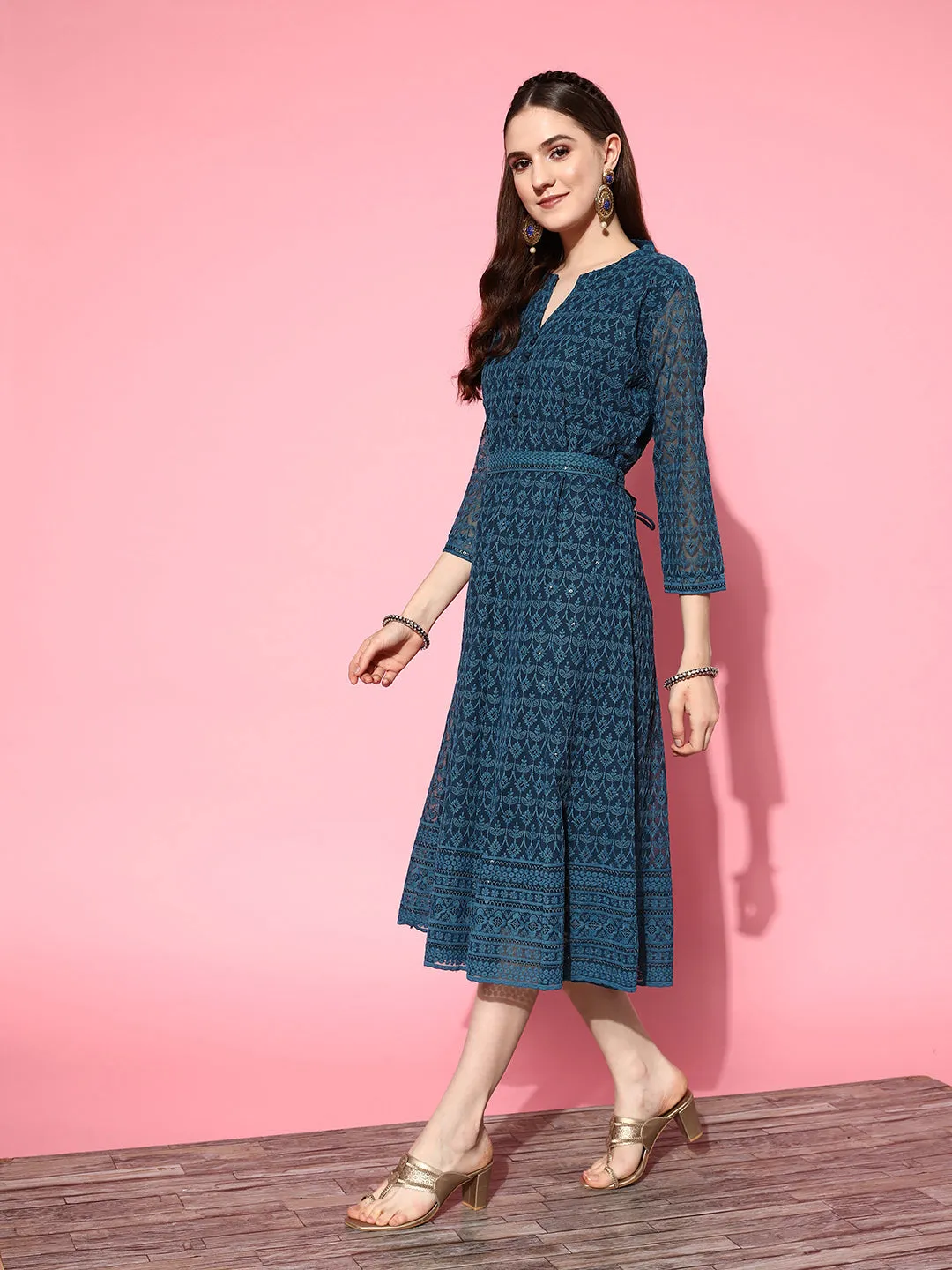 ZOLA  Mandarin Collar Georgette All Over Chikankari Embroidery Teal Flared Dress For Women