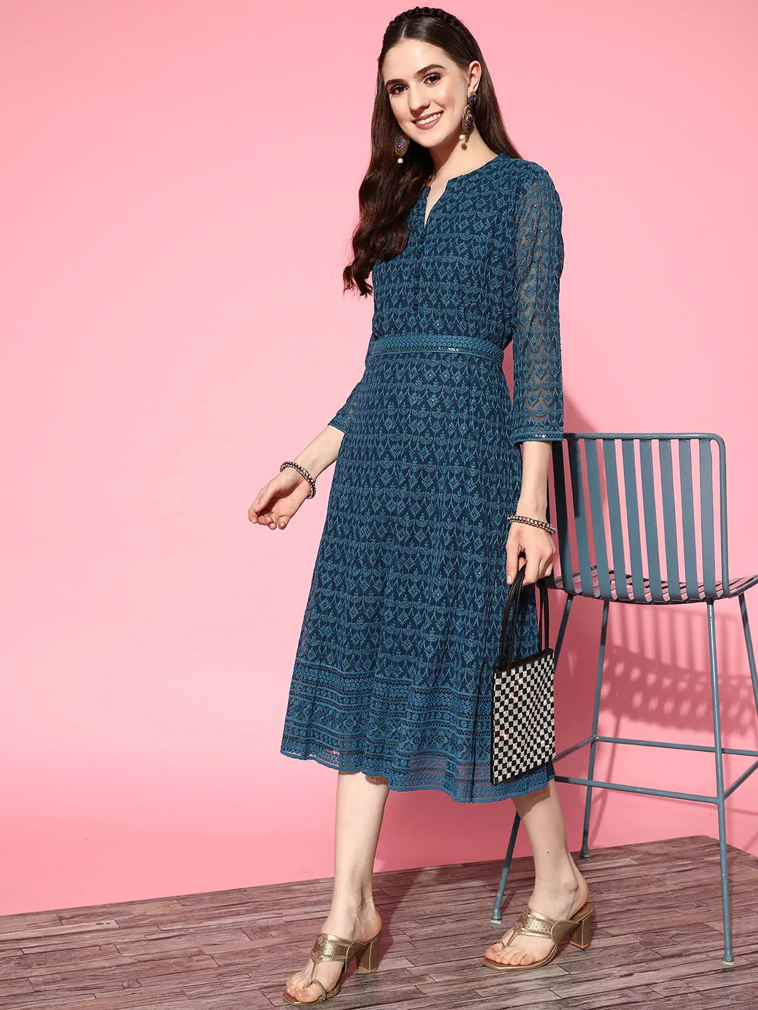 ZOLA  Mandarin Collar Georgette All Over Chikankari Embroidery Teal Flared Dress For Women