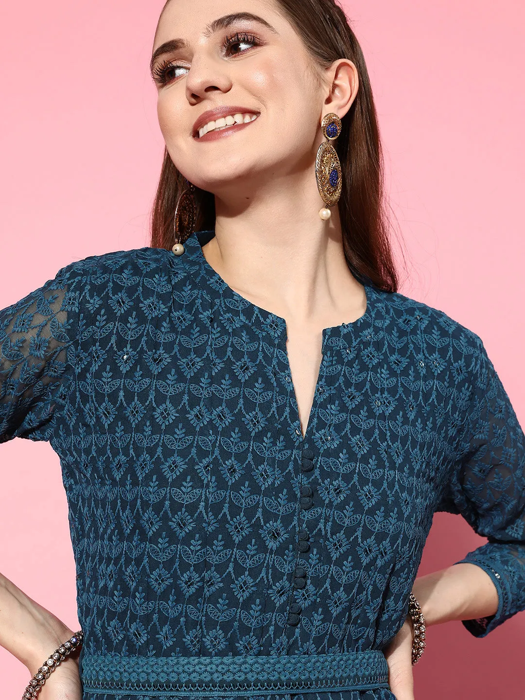 ZOLA  Mandarin Collar Georgette All Over Chikankari Embroidery Teal Flared Dress For Women
